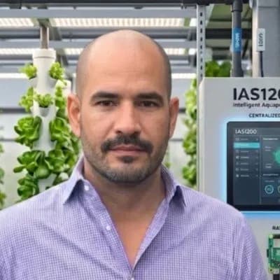 Yosvany A. Acosta, President & CEO of ESA Organics, standing in front of the IAS1200 Intelligent Aquaponics System
